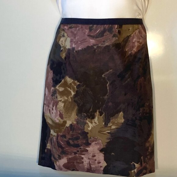 Loft SZ 6 Abstract print chocolate & lilac pencil skirt classic artsy essential - Picture 1 of 6